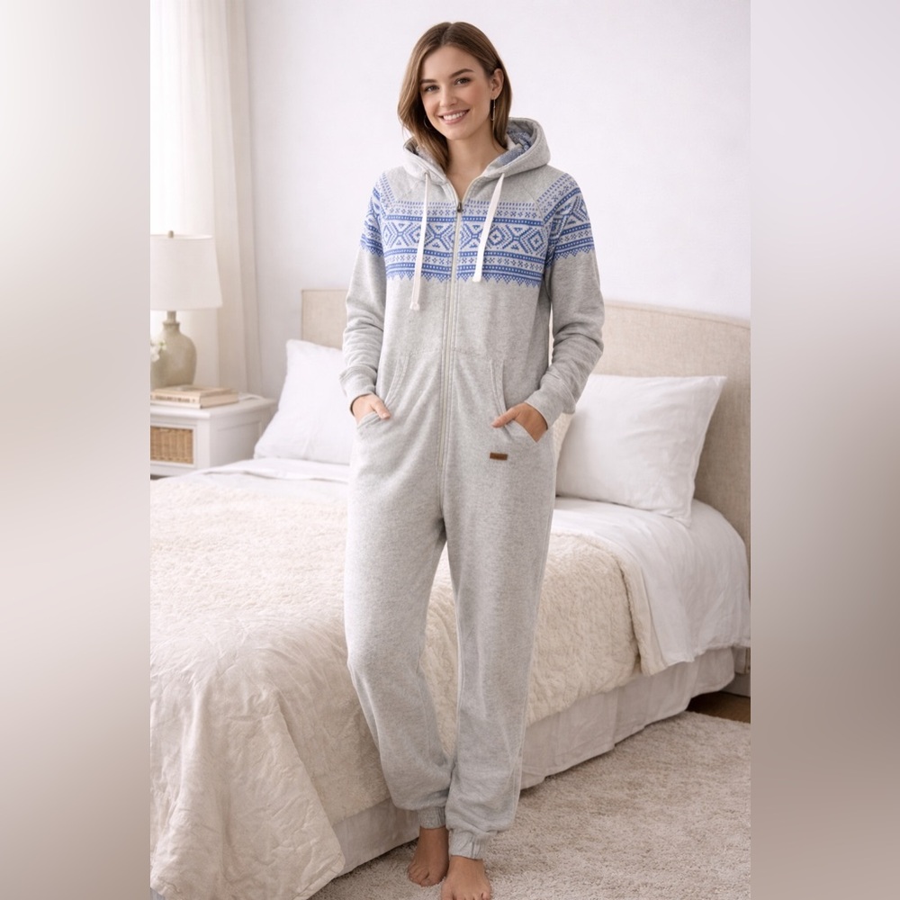 Roots Cabin Onesie Grey Blue Fair Isle One Piece Pajamas Women’s